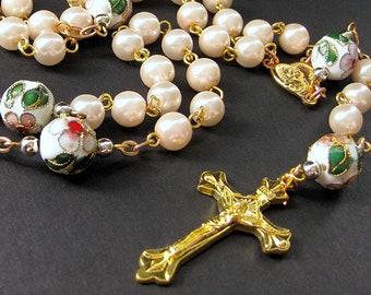 Pink Pearl Rosary. Cloisonne Rosary. Pink Rosary. Flower Rosary. Gold Rosary. Floral Rosary. Prayer Beads. Handmade Rosary.