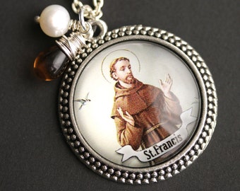 St Francis Necklace. Saint Francis Pendant with Fresh Water Pearl Charm and Tea Brown Teardrop. Catholic Necklace. Handmade Necklace.