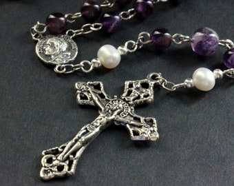 Amethyst Rosary. Gemstone Rosary. Traditional Rosary. Beaded Rosary with Fresh Water Pearls. Handmade Rosary.