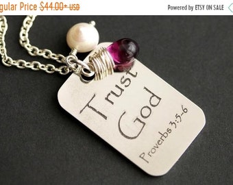 Trust God Necklace. Proverbs Pendant with Fresh Water Pearl Charm and Glass Teardrop. Christian Necklace. Proverbs Necklace.