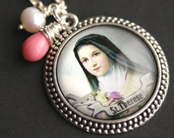 St Therese Necklace. Saint Therese Pendant with Fresh Water Pearl Charm and Pink Teardrop. Catholic Necklace. Handmade Necklace.