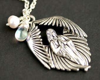 Angel Necklace. Guardian Angel Charm Necklace. Christian Necklace with Optional Teardrop and Pearl. Silver Necklace. Christian Jewelry.