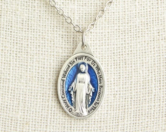 Cobalt Blue Miraculous Medal Necklace. Blue Miraculous Necklace. Catholic Necklace. Holy Mother Necklace. Catholic Medal Necklace.