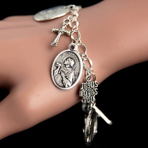 Saint Stephen Charm Bracelet. St Stephen Bracelet. Catholic Bracelet. Patron Saint Bracelet. Saint Medal Bracelet. Catholic Jewelry.