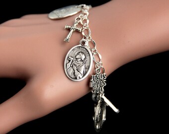 Saint Stephen Charm Bracelet. St Stephen Bracelet. Catholic Bracelet. Patron Saint Bracelet. Saint Medal Bracelet. Catholic Jewelry.