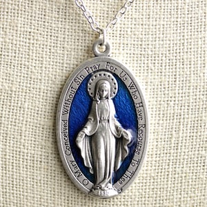 Enameled Blue Miraculous Necklace. Extra Large Miraculous Medal. Catholic Necklace. Holy Mother Necklace. Catholic Medal Necklace.
