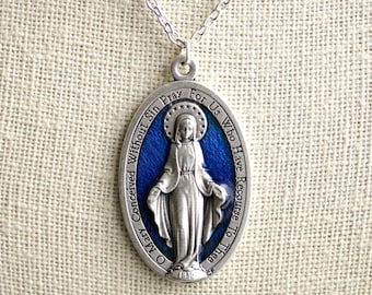 Enameled Blue Miraculous Necklace. Extra Large Miraculous Medal. Catholic Necklace. Holy Mother Necklace. Catholic Medal Necklace.