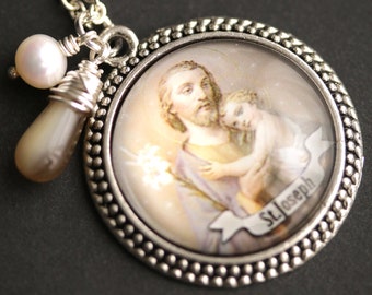 St Joseph Necklace. Saint Joseph Pendant with Fresh Water Pearl Charm and Beige Teardrop. Catholic Necklace Handmade Necklace