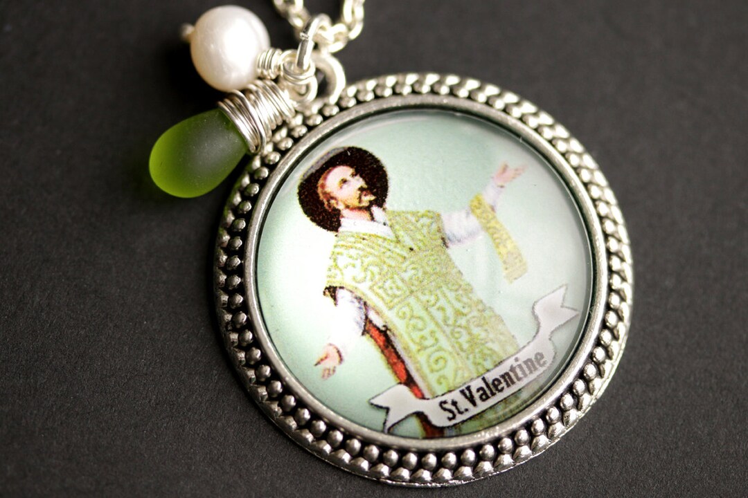 St Valentine Necklace. Saint Valentine Pendant With Fresh Water Pearl
