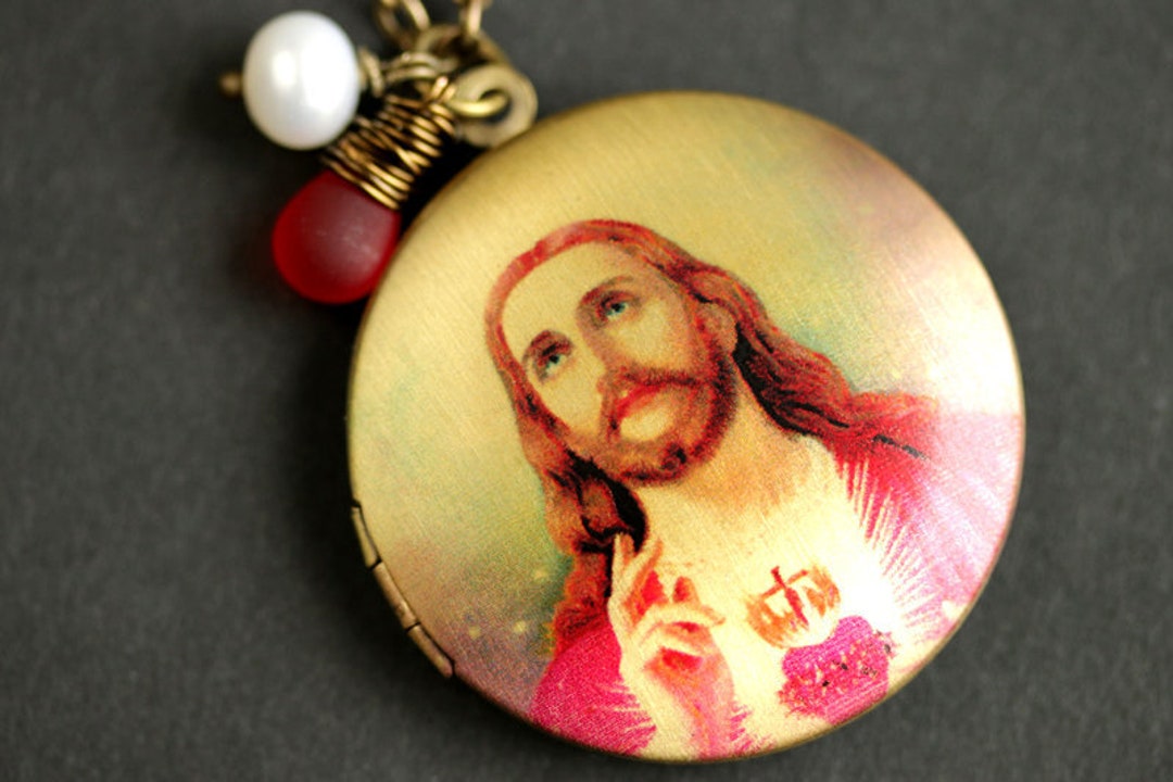 Jesus Locket Necklace. Sacred Heart Necklace With Red Teardrop and ...
