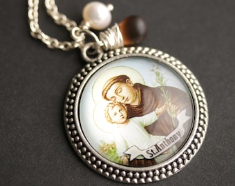St Anthony Necklace. Saint Anthony Pendant with Fresh Water Pearl Charm and Frosted Brown Teardrop. Catholic Necklace. Handmade Necklace.