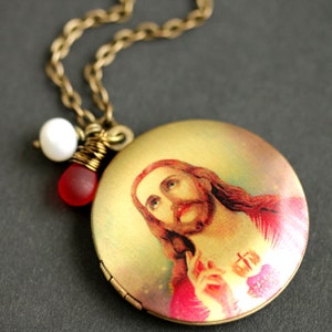 Jesus Locket Necklace. Sacred Heart Necklace With Red Teardrop and ...