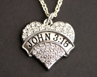 John 3 : 16 Necklace. Rhinestone Heart Necklac. Christian Necklace. Pave Heart Necklace. Christian Jewelry. Silver John Necklace.