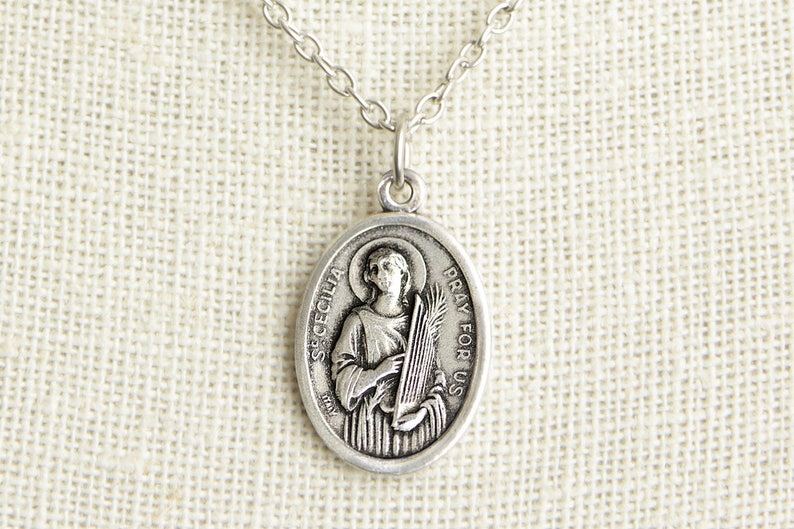 Saint Cecilia Medal Necklace. Saint Cecilia Necklace. Catholic Necklace. Patron Saint Necklace. Saint Medal Necklace. image 1