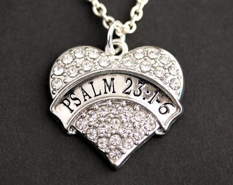 Psalm 23 : 1 - 6 Necklace. Rhinestone Heart Necklace. Christian Necklace. Pave Heart Necklace. Christian Jewelry. Silver Psalm Necklace.