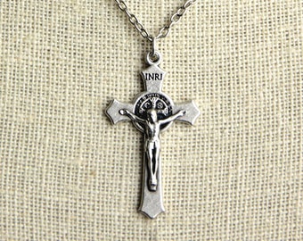 St Benedict Crucifix Necklace. Catholic Necklace. Cross Necklace. INRI Necklace. Silver Necklace. Catholic Jewelry. Handmade Necklace.