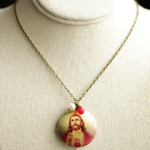 Jesus Locket Necklace. Sacred Heart Necklace With Red Teardrop and ...