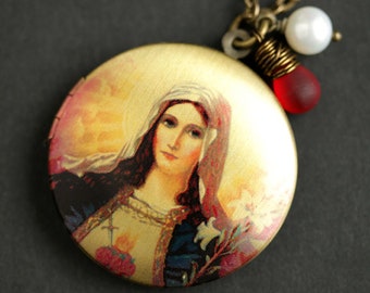 Mother Mary Locket Necklace. Our Lady Mary Necklace. Christian Locket with Red Teardrop and Pearl Charm. Bronze Locket. Christian Jewelry.