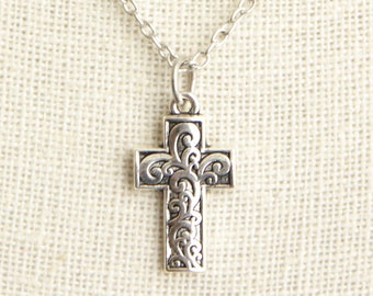 Brocade Cross Necklace. Christian Cross Charm Necklace. Christian Jewelry. Silver Necklace. Christian Necklace. Handmade Necklace.