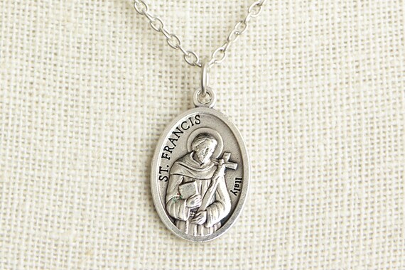Medal St Francis Assisi Sterling Silver Medallion Pendant 20 inch Chain Catholic