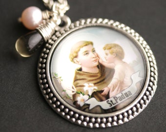 St Padua Necklace. Saint Padua Pendant with Fresh Water Pearl Charm and Gray Brown Teardrop. Catholic Necklace. Handmade Necklace.