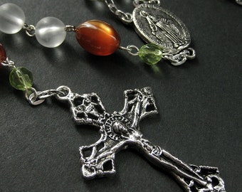 Autumn Rosary. Catholic Rosary in Autumn Orange, Spring Green and Frosted White. Five Decade Rosary. White Rosary. Handmade Rosary.