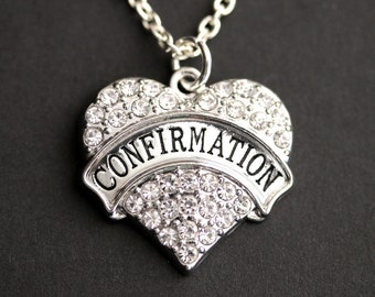 Confirmation Necklace. Rhinestone Heart Necklace. Catholic Necklace. Pave Heart Necklace. Christian Jewelry. Silver Necklace.