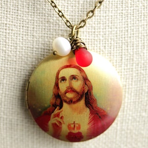 Jesus Locket Necklace. Sacred Heart Necklace With Red Teardrop and ...