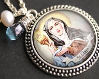 St Clare Necklace. Saint Clare Pendant with Fresh Water Pearl Charm and Blue Teardrop. Catholic Necklace. Handmade Necklace.