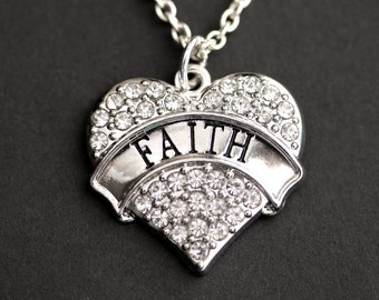 Faith Necklace. Rhinestone Heart Necklace. Christian Necklace. Pave Heart Necklace. Christian Jewelry. Silver Necklace. Handmade Necklace.