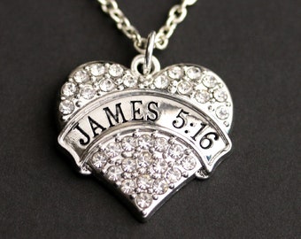 James 5 : 16 Necklace. Rhinestone Heart Necklac. Christian Necklace. Pave Heart Necklace. Christian Jewelry. Silver James Necklace.