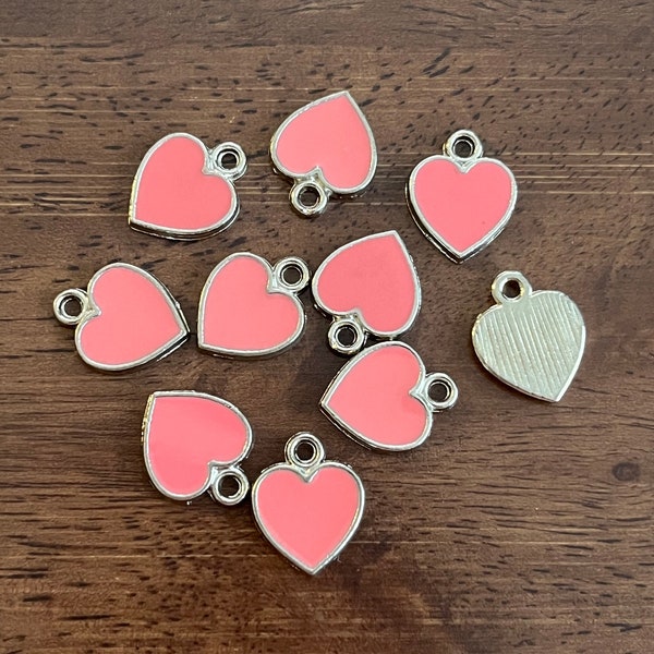 Heart Charms - Pink - 10mm - 10 Pack - Jewelry Making - Wine Charms - Craft Making - Bag Tag - Zipper Pull - Bookmark Charm - Bulk Hearts