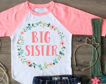 Big Sister Peach Floral Wreath Raglan Shirt Toddler Baseball Tee Big Sister Gift