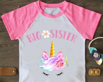 Unicorn big sister raglan shirt unicorn big sister matching shirt personalized big sister announcement shirt