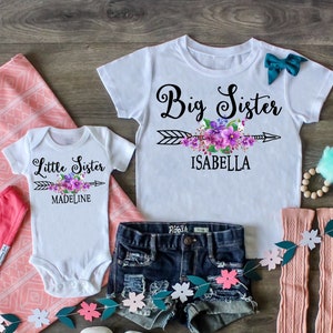 Big Sister Little Sister Outfit, Peach Flower Big Sister Graphic T Shirt Little Sister Matching Set