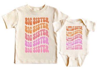 Big Sister Shirt Little Sister Onesie®, Retro Waved Letters Sibling Set