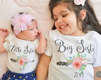 Big sister little sister set named matching sibling set big sister shirt little sister shirt personalization sibling shirts photo props top