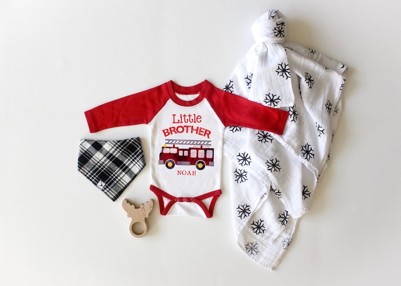 Newborn Bodysuit Take Home Outfit Personalized Top Baby Brother Fire Truck Bodysuit Little Brother Top Boys Raglan Little Brother