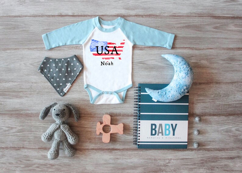 Boys Outfit USA Flag Shirt Named Raglan Custom Top USA Flag Raglan Custom Shirt Personalized Top Named Shirt 4 Of July Bodysuit