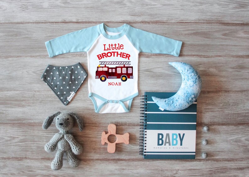 Newborn Bodysuit Take Home Outfit Personalized Top Baby Brother Fire Truck Bodysuit Little Brother Top Boys Raglan Little Brother