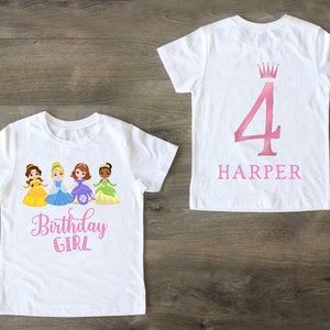 Birthday Girl Princess Squad Tee Shirt, Fourth Birthday Personalized Front And Back Princess Graphic Custom Shirt