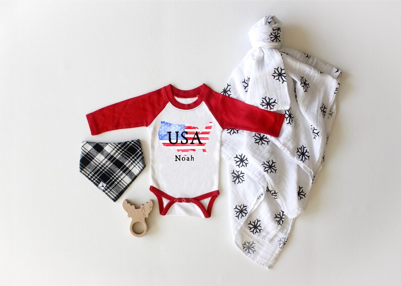 Boys Outfit USA Flag Shirt Named Raglan Custom Top USA Flag Raglan Custom Shirt Personalized Top Named Shirt 4 Of July Bodysuit