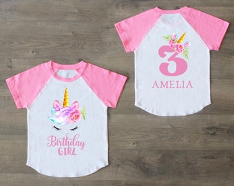 Unicorn Shirt, Birthday Girl Shirt, Three Birthday Shirt, Birthday Outfit, 3rd Birthday Shirt, Any Age Front And Back Custom Birthday Shirt