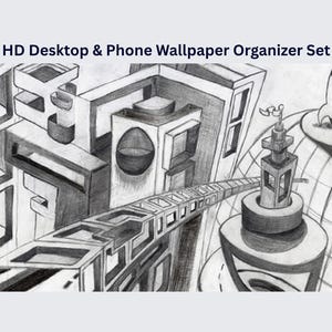 Monochroom Metro Computer Bureaublad Thema Achtergrond Behang Organizer Set van handgetekende kunst