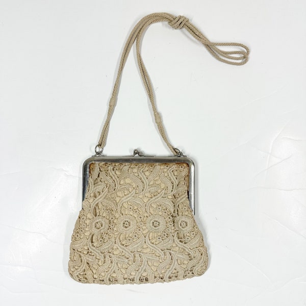 vintage beige Lace Bag w/ rope handle handbag purse damaged needs repair