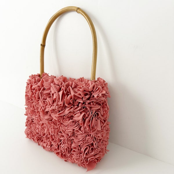 vintage pink tied fabric Rag Bag purse handbag bamboo handle