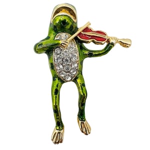 vintage frog playing violin BROOCH rhinestones jewelry pin