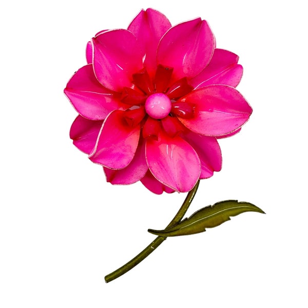 vintage enamel pink metal flower BROOCH floral jewelry pin green stem