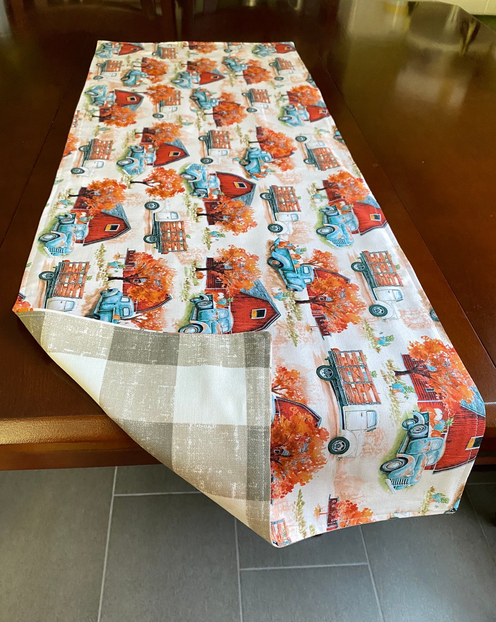 Fall Blue Truck Table Runner Farmhouse Decor Fall Red Barn Etsy
