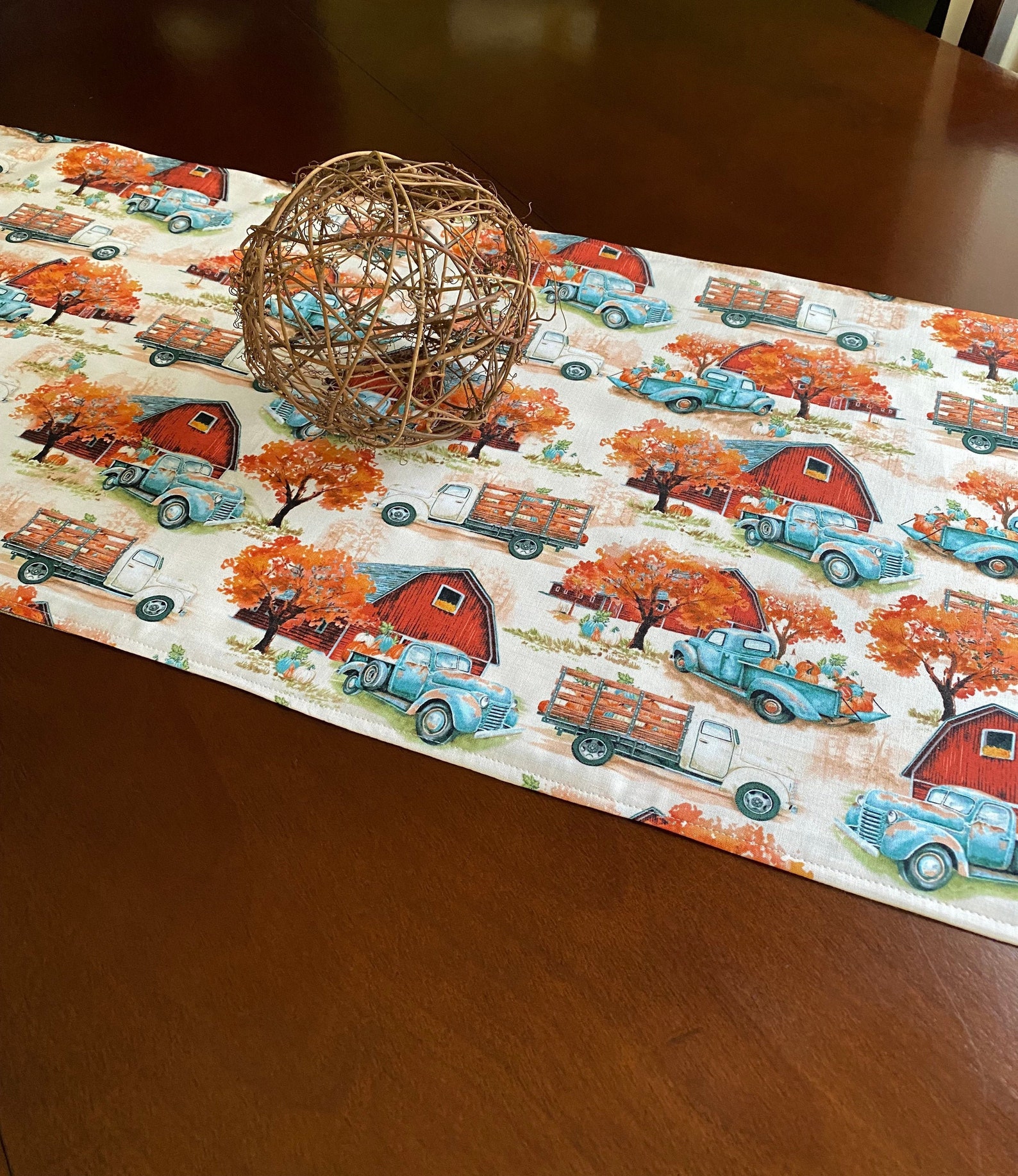 Fall Blue Truck Table Runner Farmhouse Decor Fall Red Barn Etsy